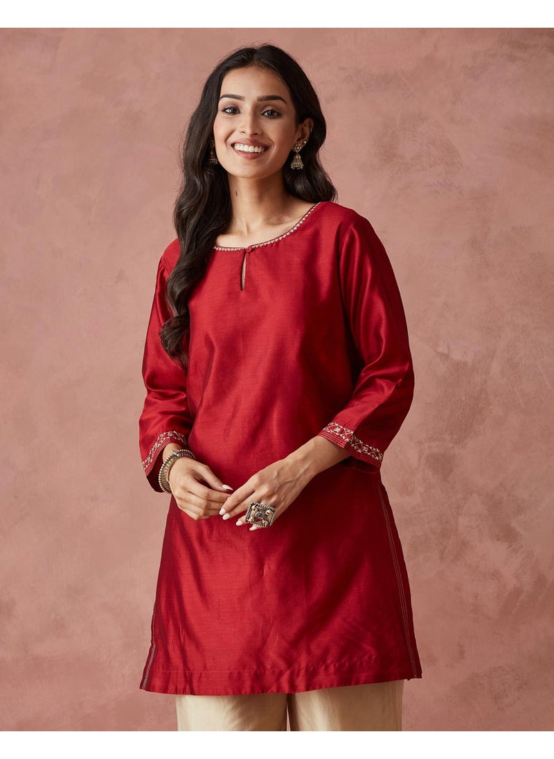 Cotton Silk Embroidered Short Kurta