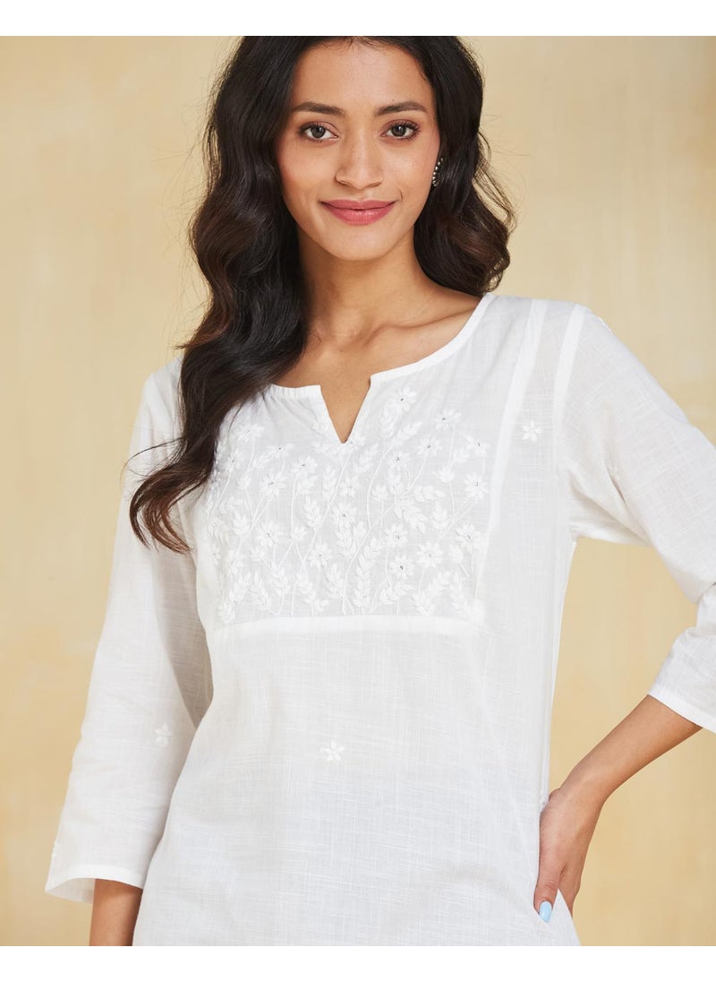White Cotton Chikankari Knee Length Kurta