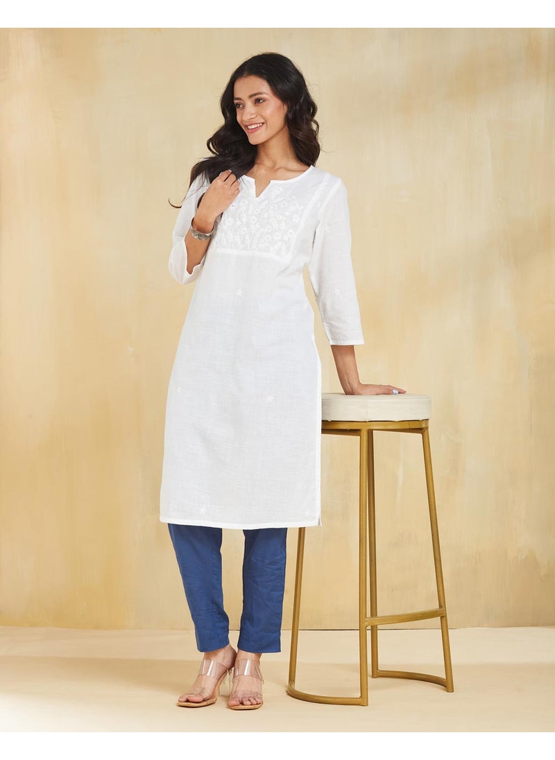 White Cotton Chikankari Knee Length Kurta
