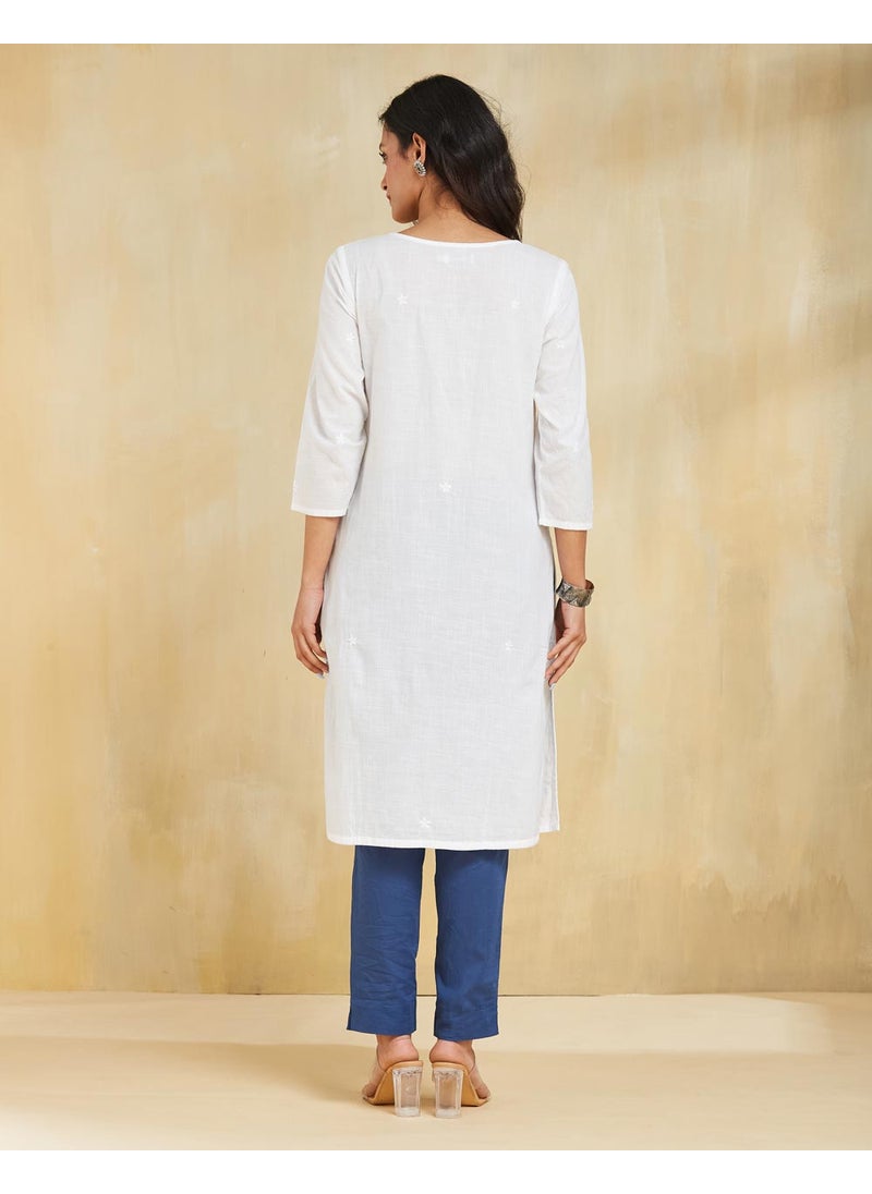 White Cotton Chikankari Knee Length Kurta