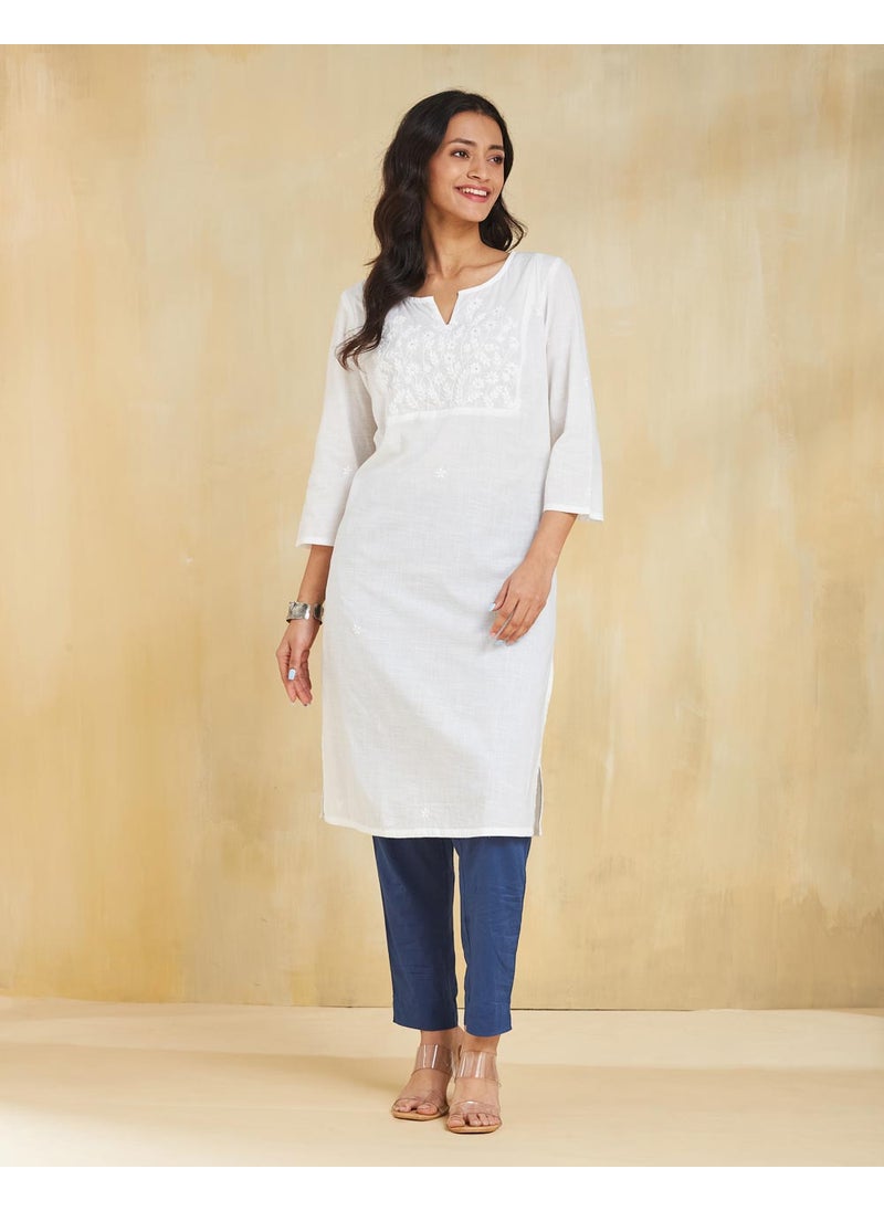 White Cotton Chikankari Knee Length Kurta