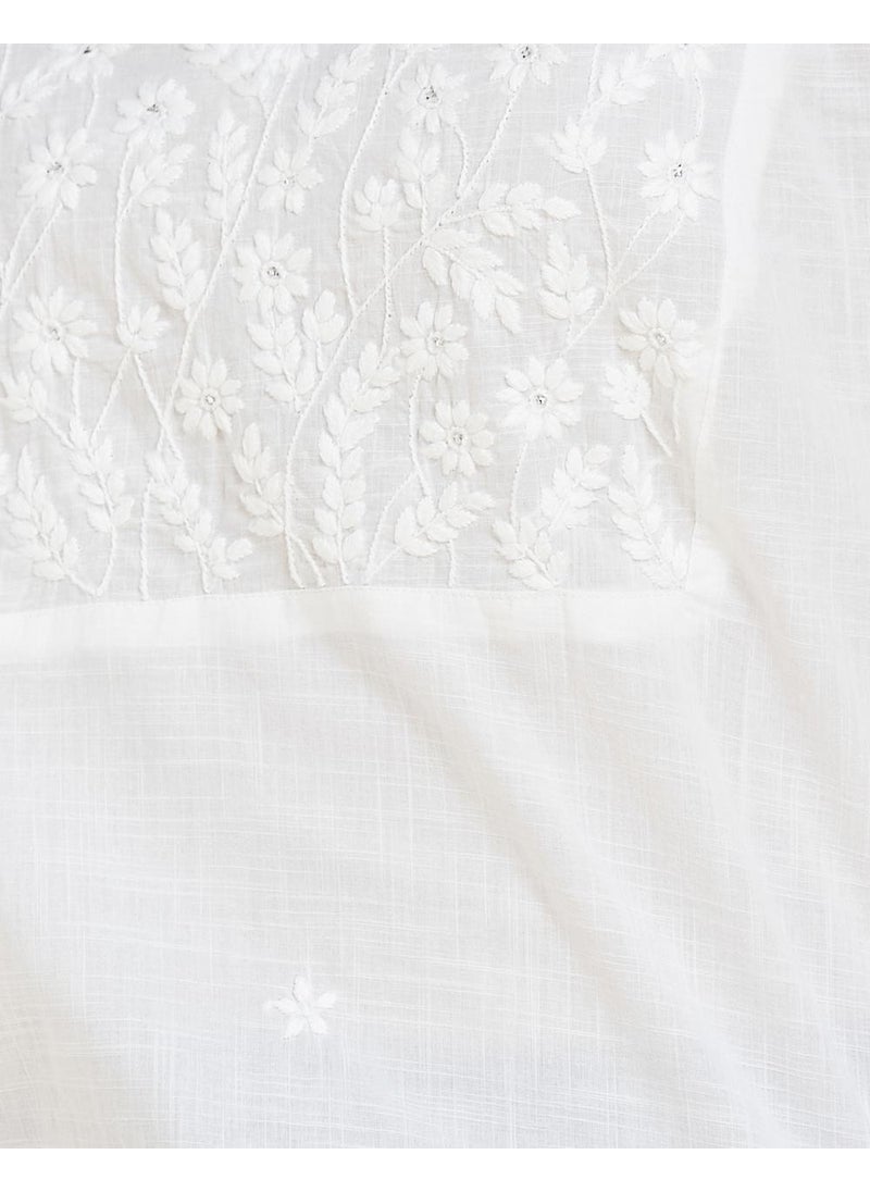 White Cotton Chikankari Knee Length Kurta