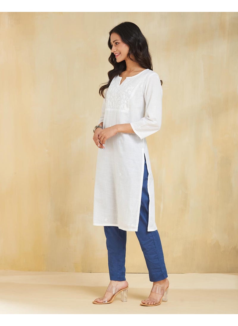 White Cotton Chikankari Knee Length Kurta