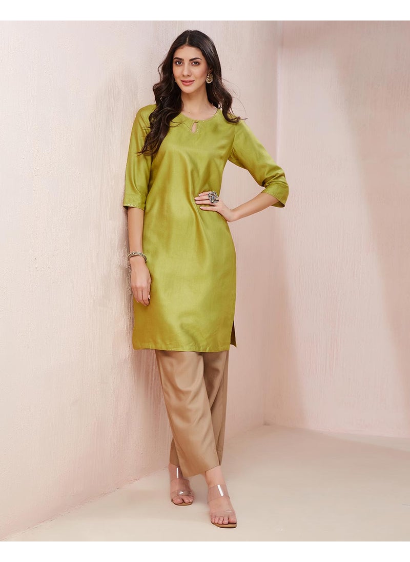 Green Viscose Silk Embroidered Knee Length Kurta