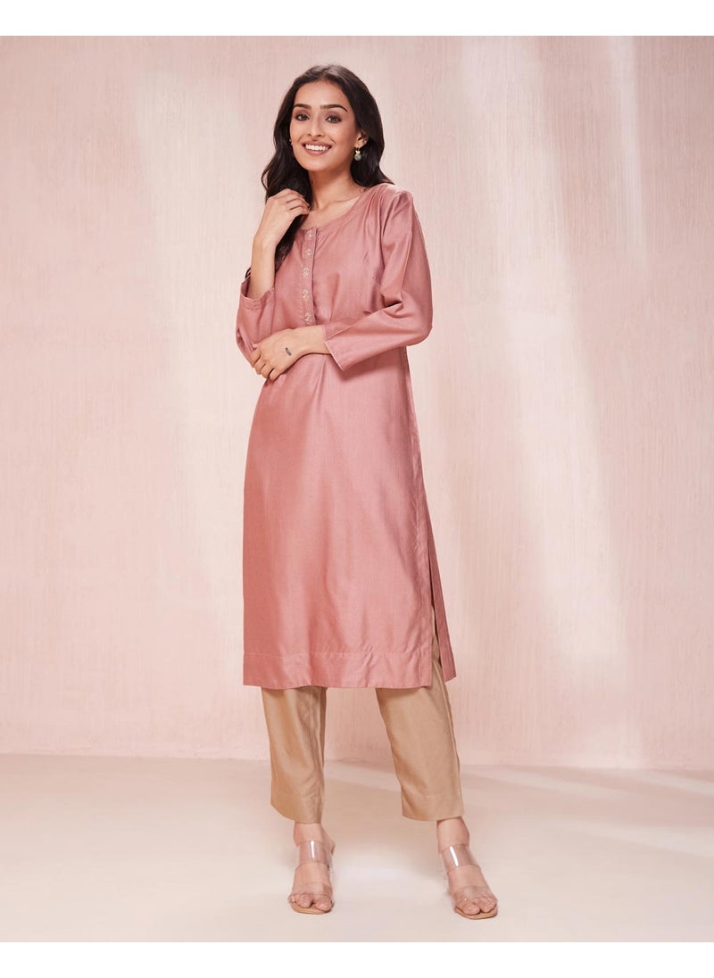 Pink Viscose Silk Knee Length Kurta
