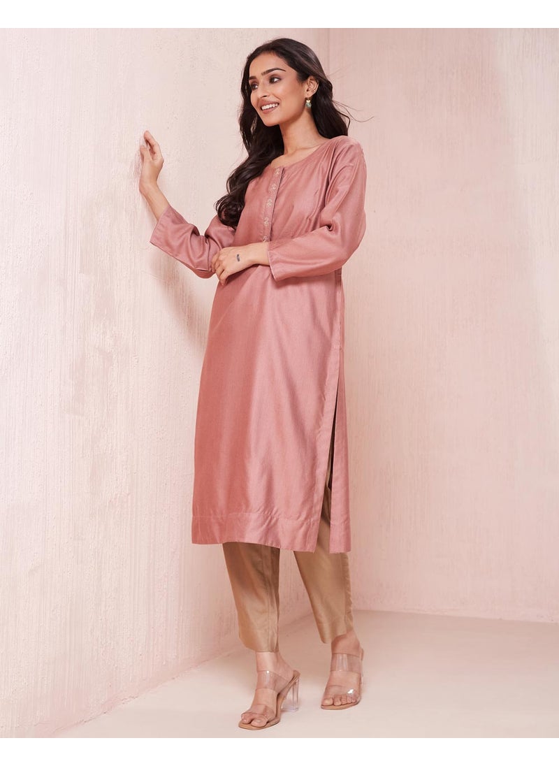 Pink Viscose Silk Knee Length Kurta