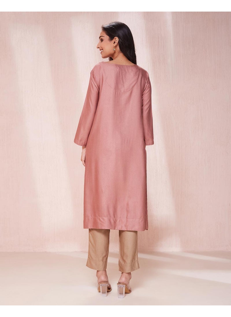 Pink Viscose Silk Knee Length Kurta