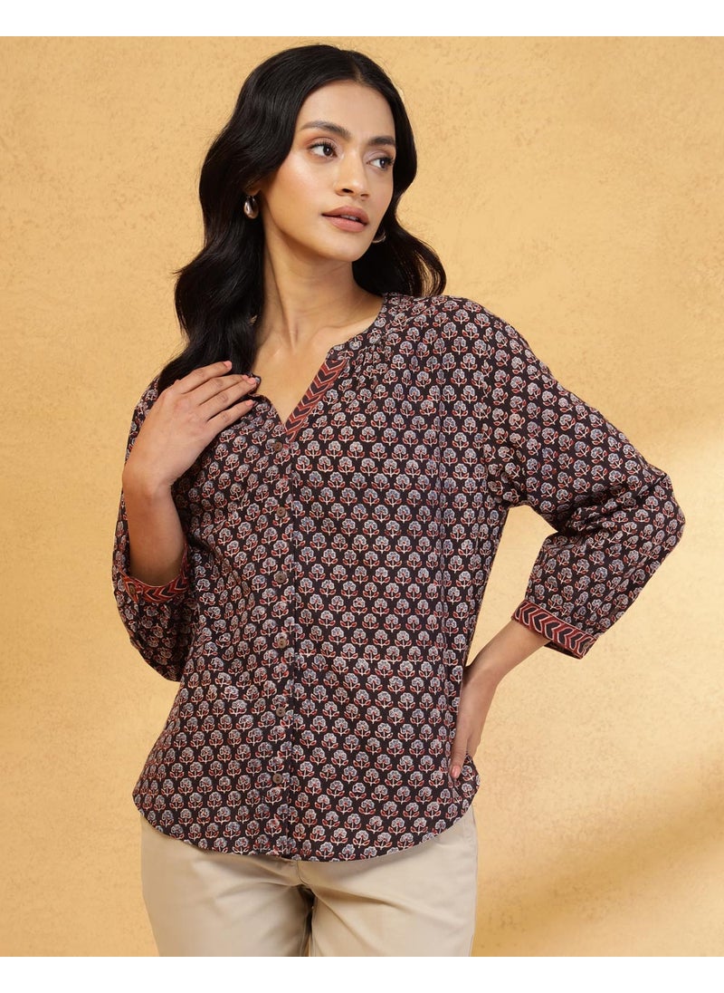 Black Cotton Ajrakh Printed Top