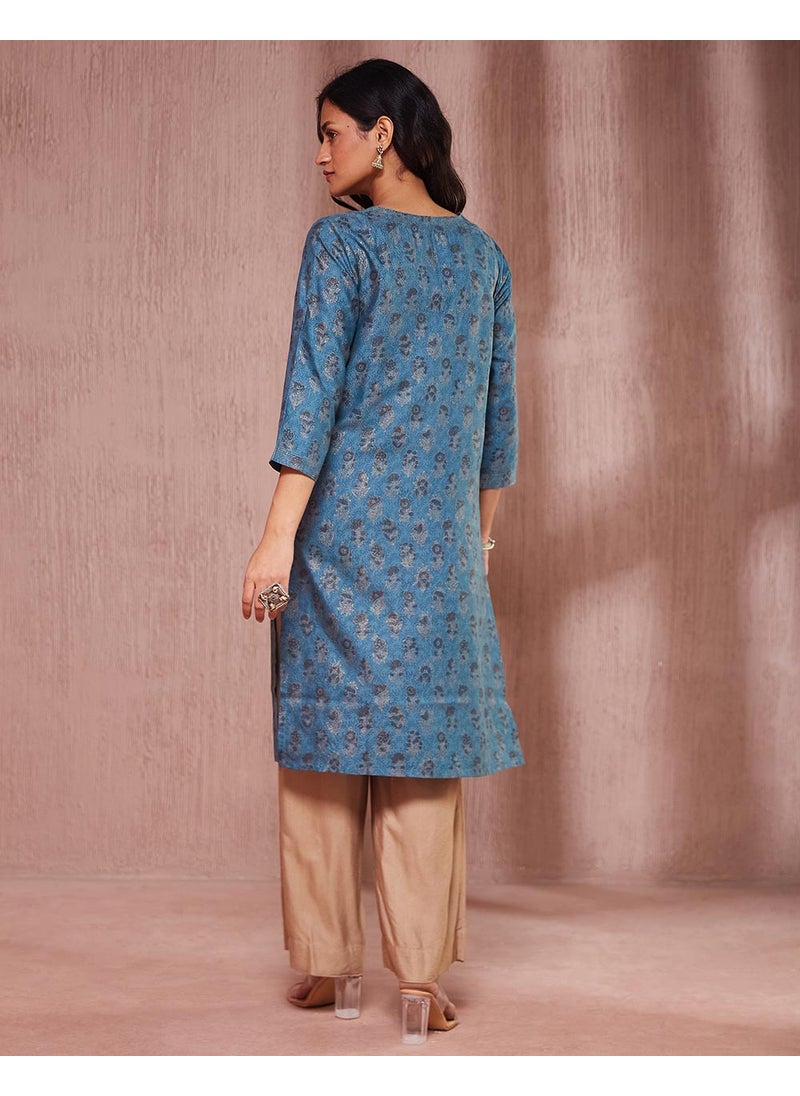 Teal Viscose Silk Hand Block Printed Knee Length Kurta