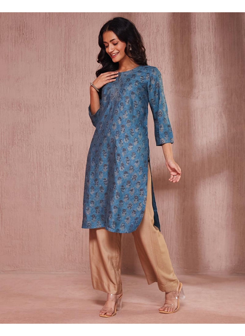 Teal Viscose Silk Hand Block Printed Knee Length Kurta