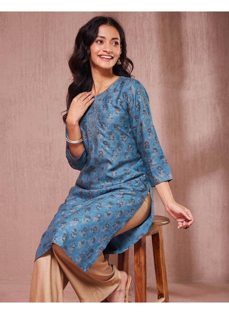 Teal Viscose Silk Hand Block Printed Knee Length Kurta