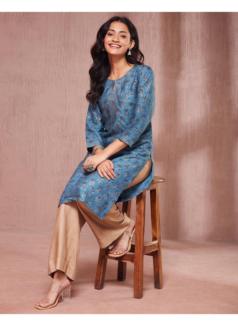 Teal Viscose Silk Hand Block Printed Knee Length Kurta