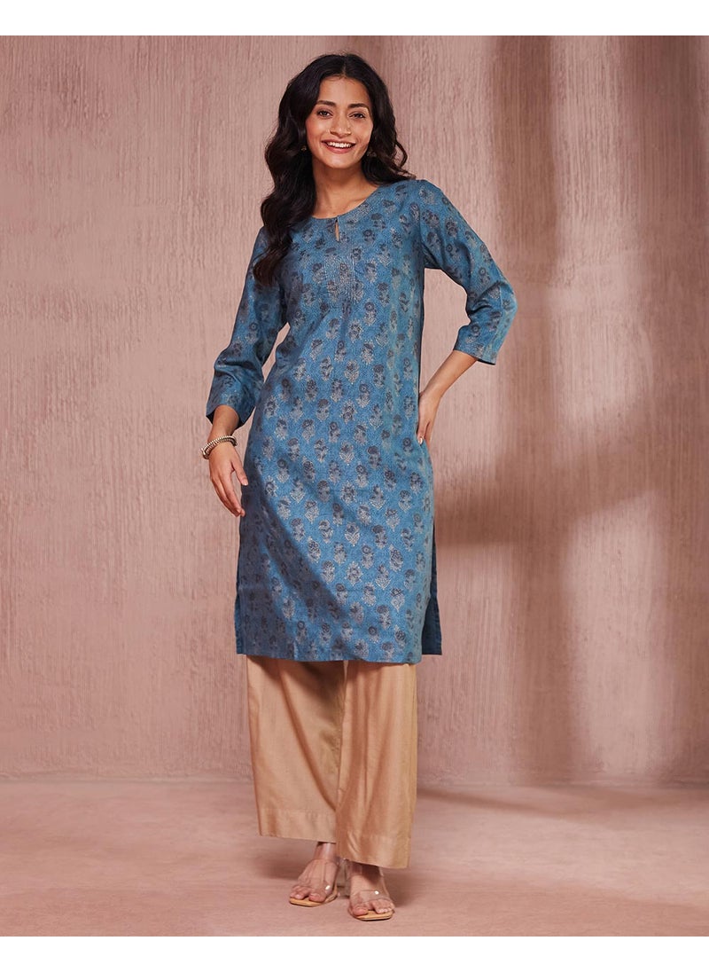 Teal Viscose Silk Hand Block Printed Knee Length Kurta