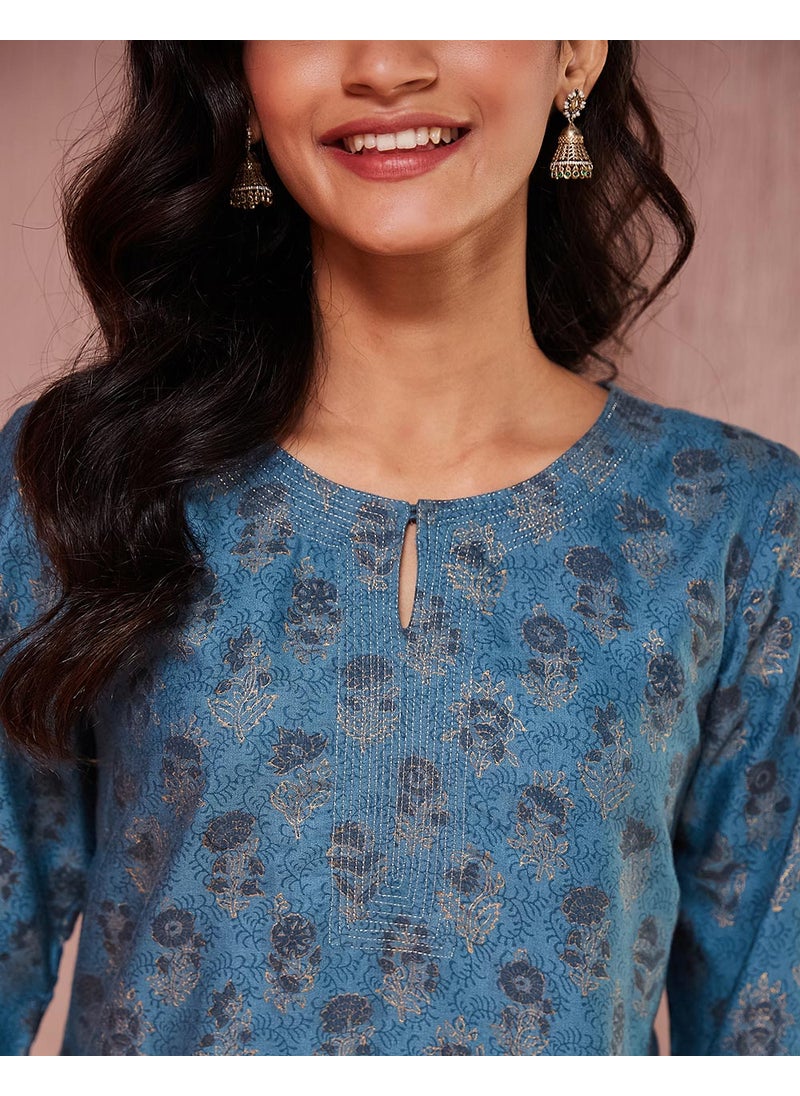 Teal Viscose Silk Hand Block Printed Knee Length Kurta
