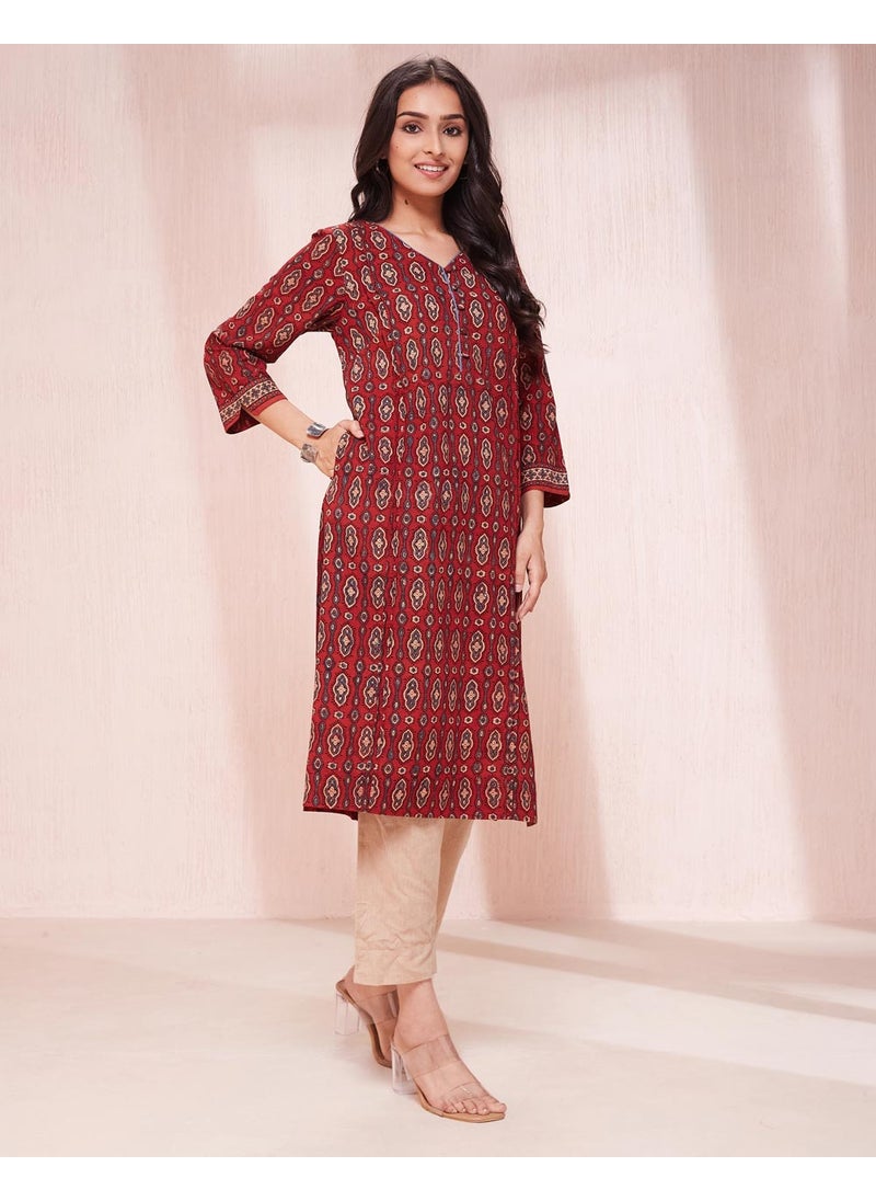 Maroon Cotton Ajrakh Printed Knee Length Kurta