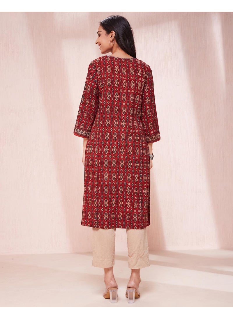 Maroon Cotton Ajrakh Printed Knee Length Kurta