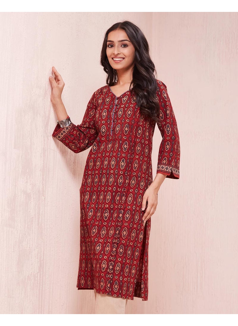 Maroon Cotton Ajrakh Printed Knee Length Kurta