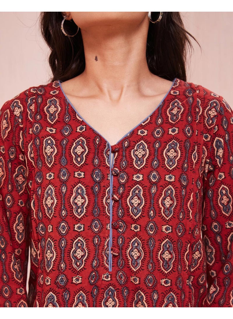 Maroon Cotton Ajrakh Printed Knee Length Kurta