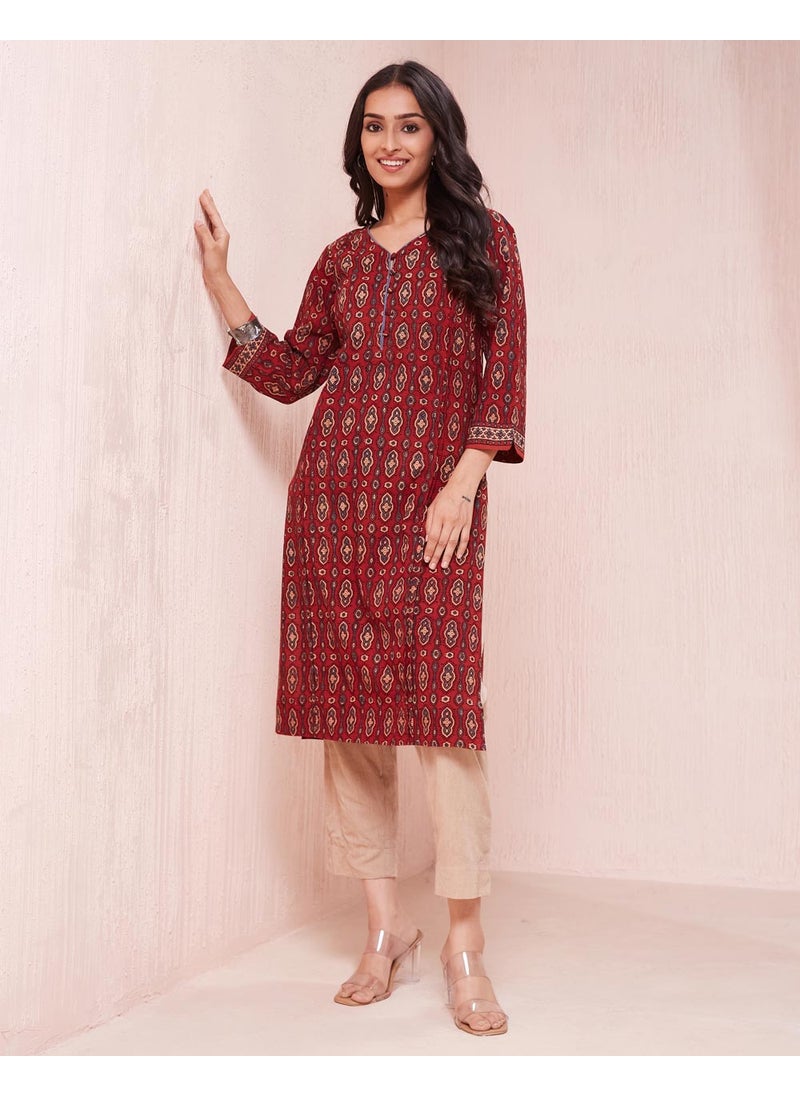 Maroon Cotton Ajrakh Printed Knee Length Kurta