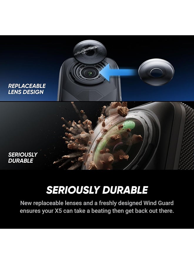 X5 - Waterproof 8K 360° Action Camera, Leading Low Light, Invisible Selfie Stick Effect, Rugged and Replaceable Lens, 3-Hour Battery, Built-in Wind Guard, Stabilization, Triple AI Chip Design