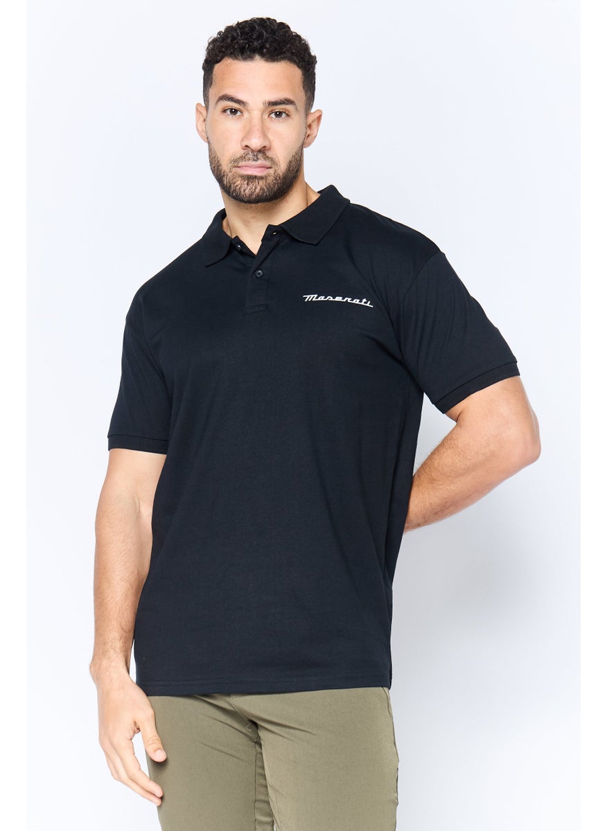 Men Regular Fit Brand Logo Short Sleeves Polo Shirt, Black