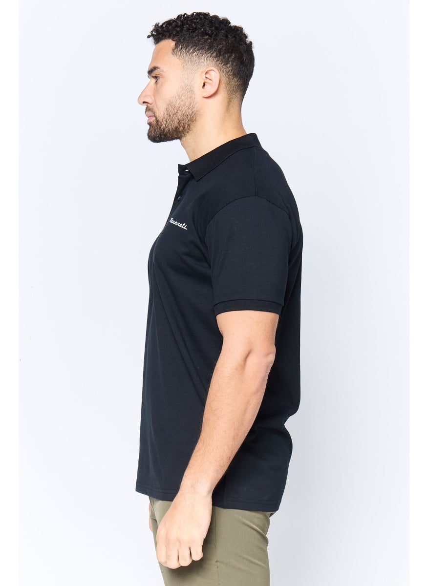 Men Regular Fit Brand Logo Short Sleeves Polo Shirt, Black
