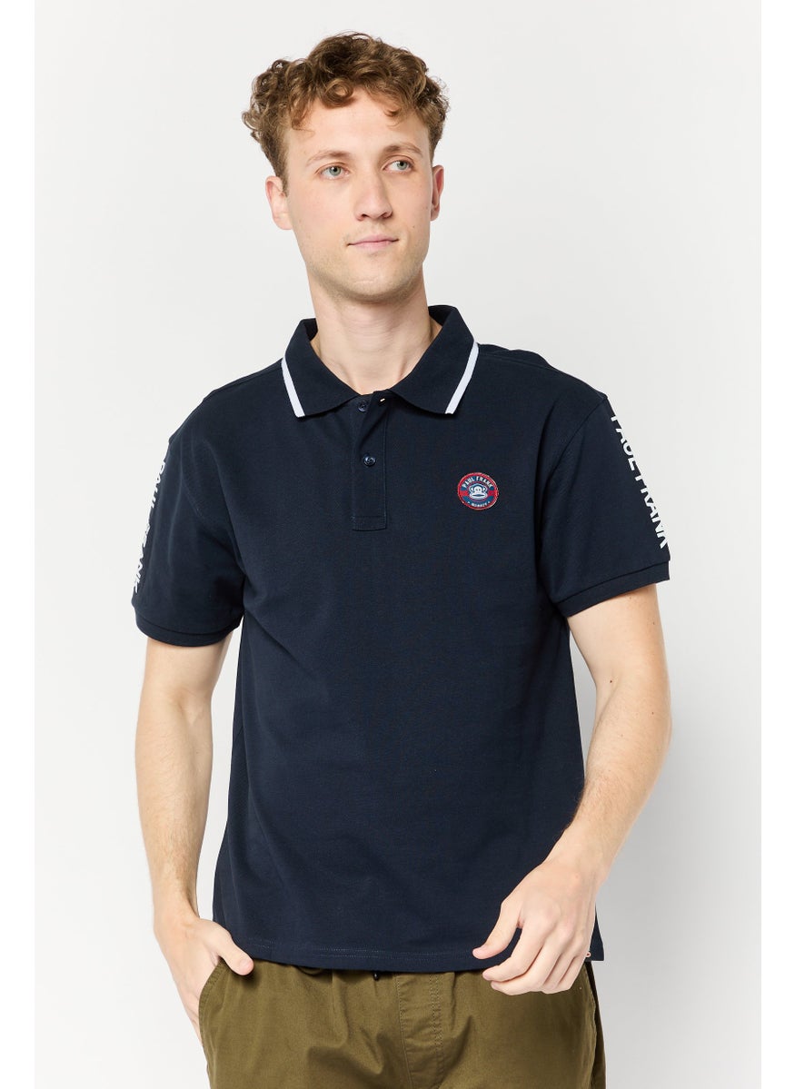 Men Regular Fit Graphic Print Short Sleeves Polo Shirt, Navy