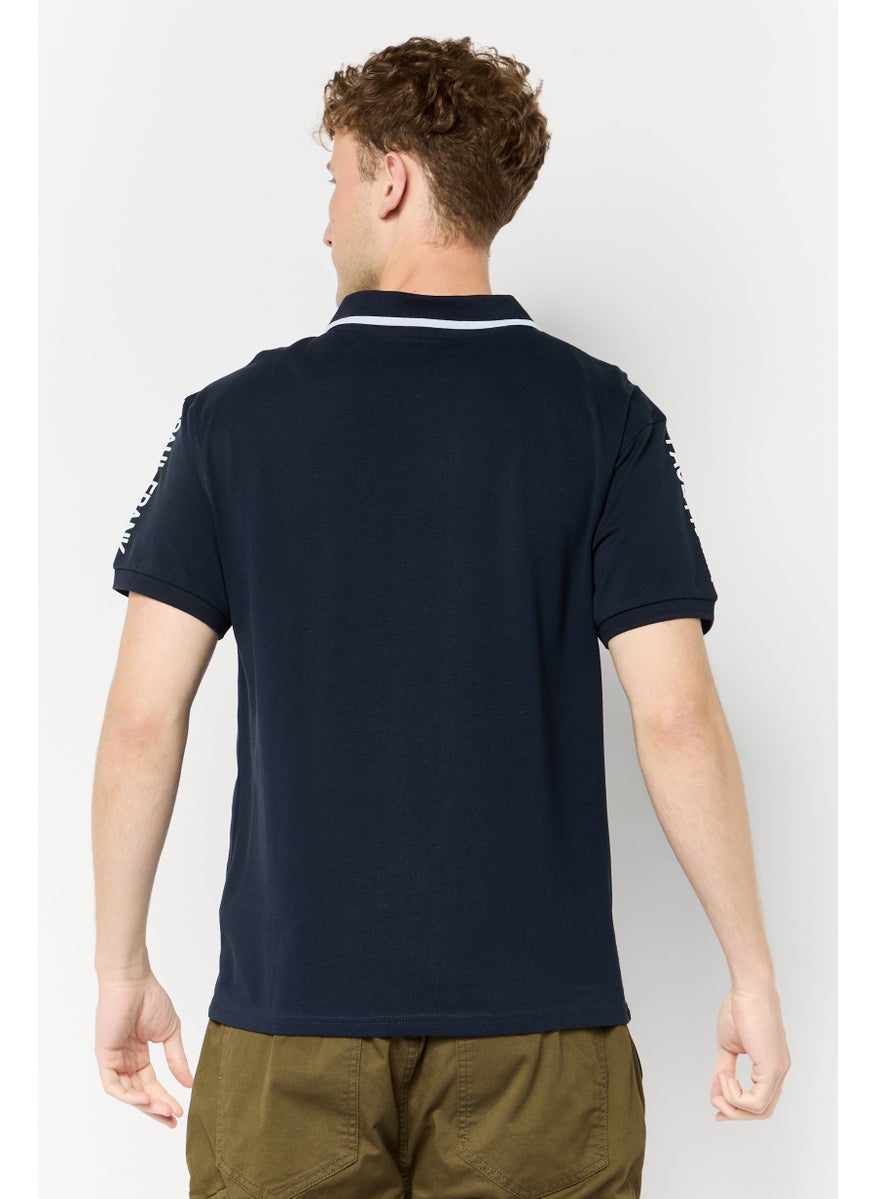Men Regular Fit Graphic Print Short Sleeves Polo Shirt, Navy