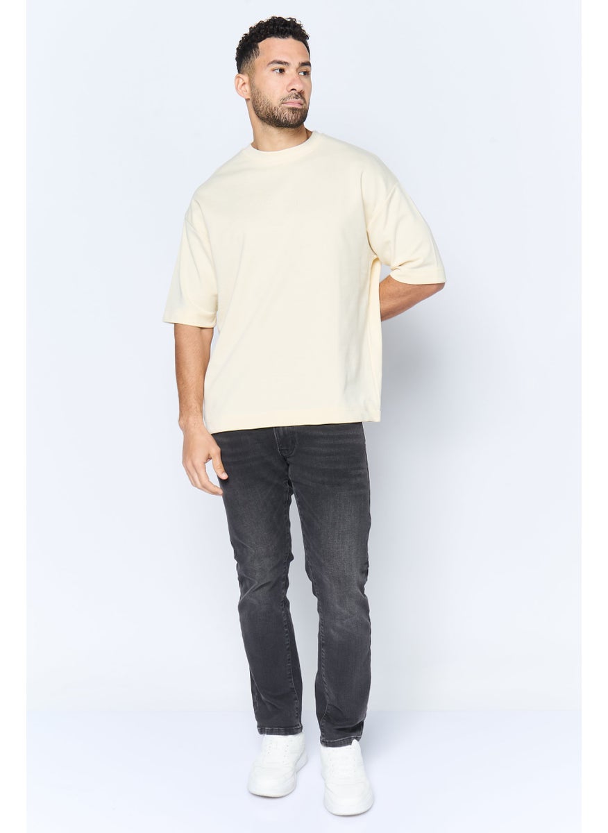 Men Crew Neck Short Sleeve Brand Logo T Shirt, Cream