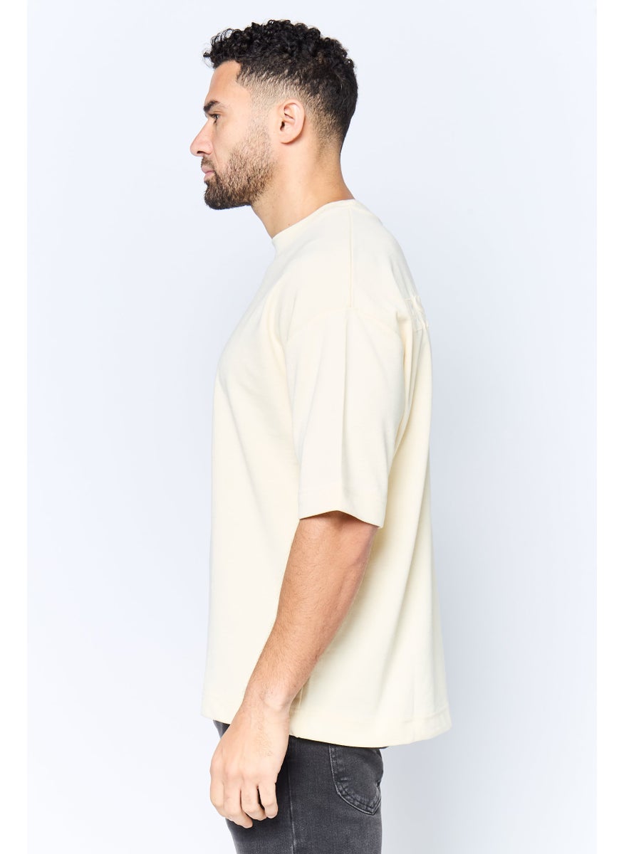 Men Crew Neck Short Sleeve Brand Logo T Shirt, Cream