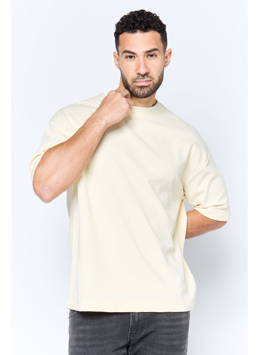 Men Crew Neck Short Sleeve Brand Logo T Shirt, Cream