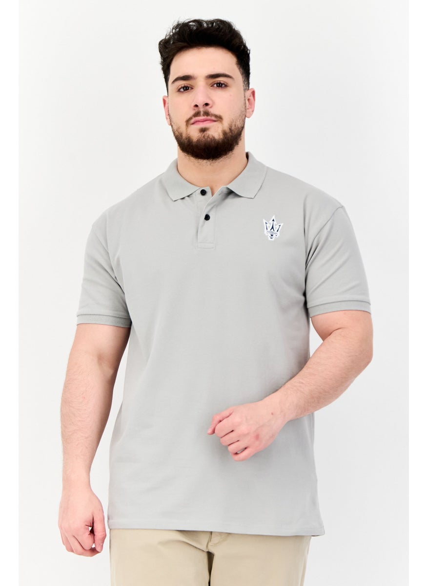 Men Regular Fit Embroidered Logo Short Sleeves Polo Shirt, Light Grey