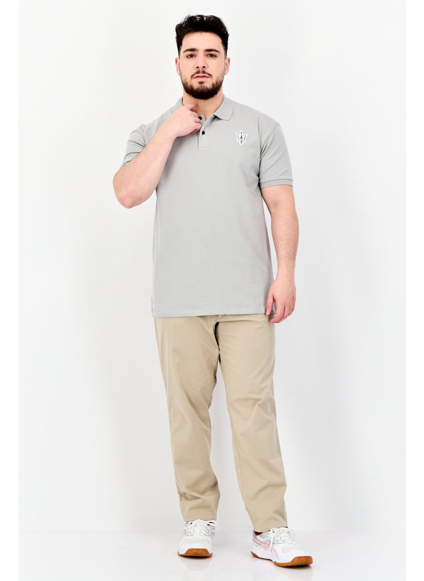 Men Regular Fit Embroidered Logo Short Sleeves Polo Shirt, Light Grey