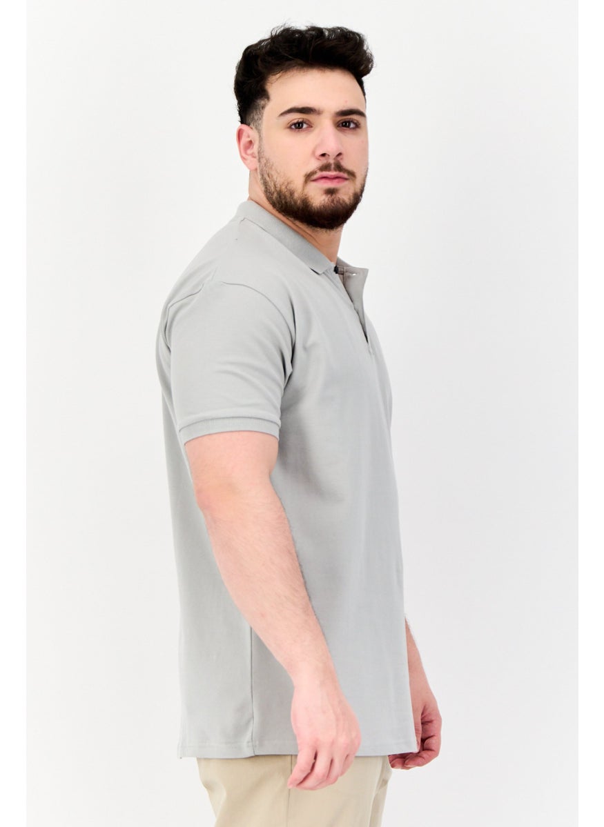 Men Regular Fit Embroidered Logo Short Sleeves Polo Shirt, Light Grey