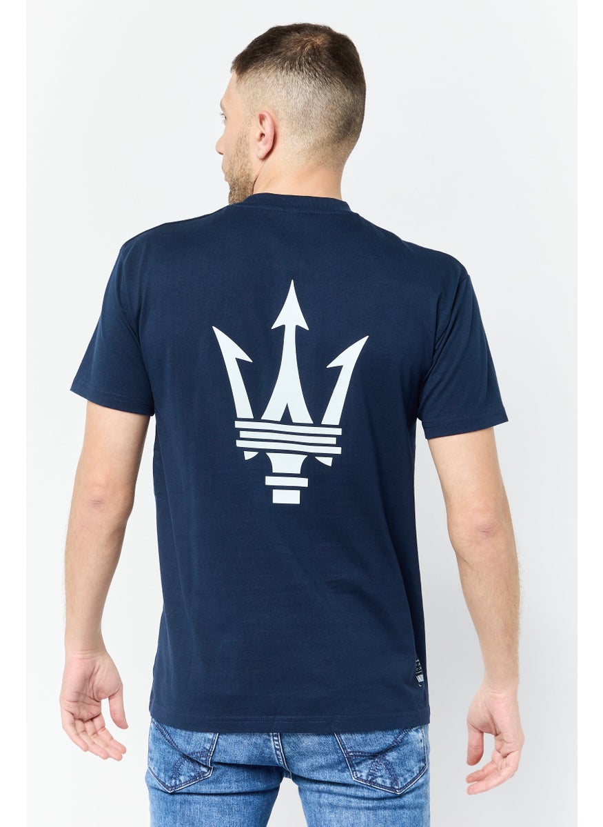 Men Crew Neck Short Sleeves Graphic Print T-Shirt, Navy