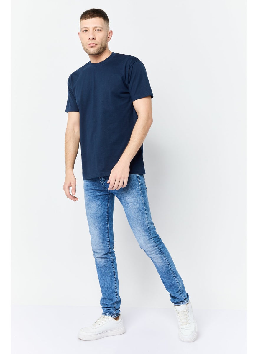 Men Crew Neck Short Sleeves Graphic Print T-Shirt, Navy