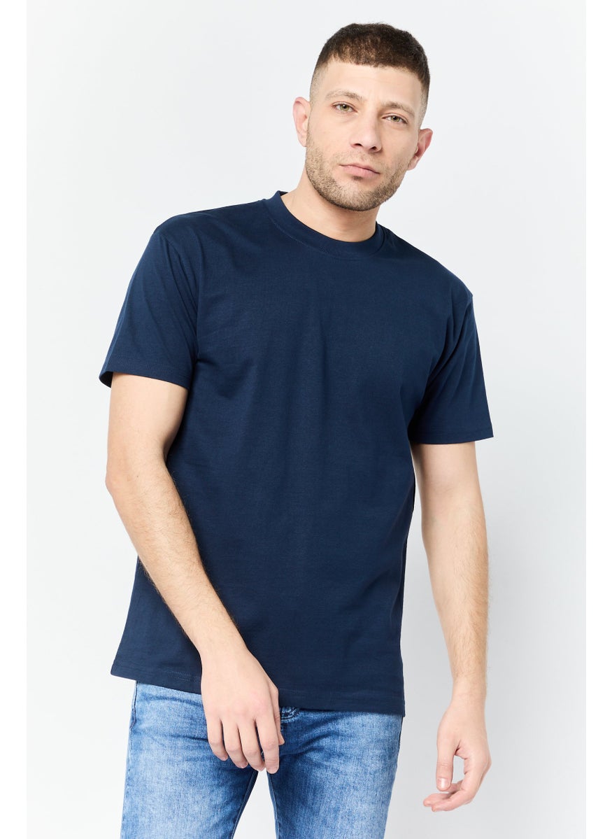 Men Crew Neck Short Sleeves Graphic Print T-Shirt, Navy