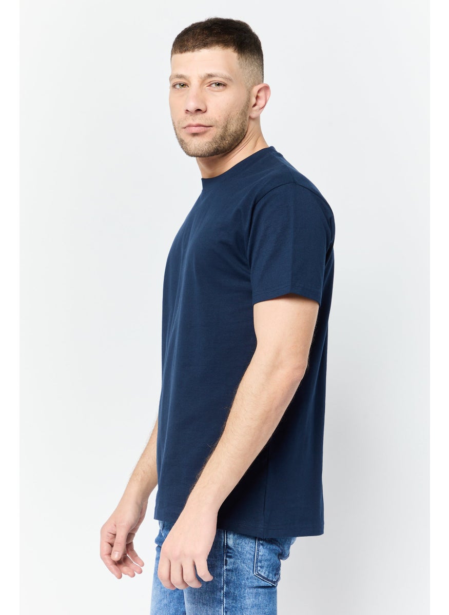 Men Crew Neck Short Sleeves Graphic Print T-Shirt, Navy