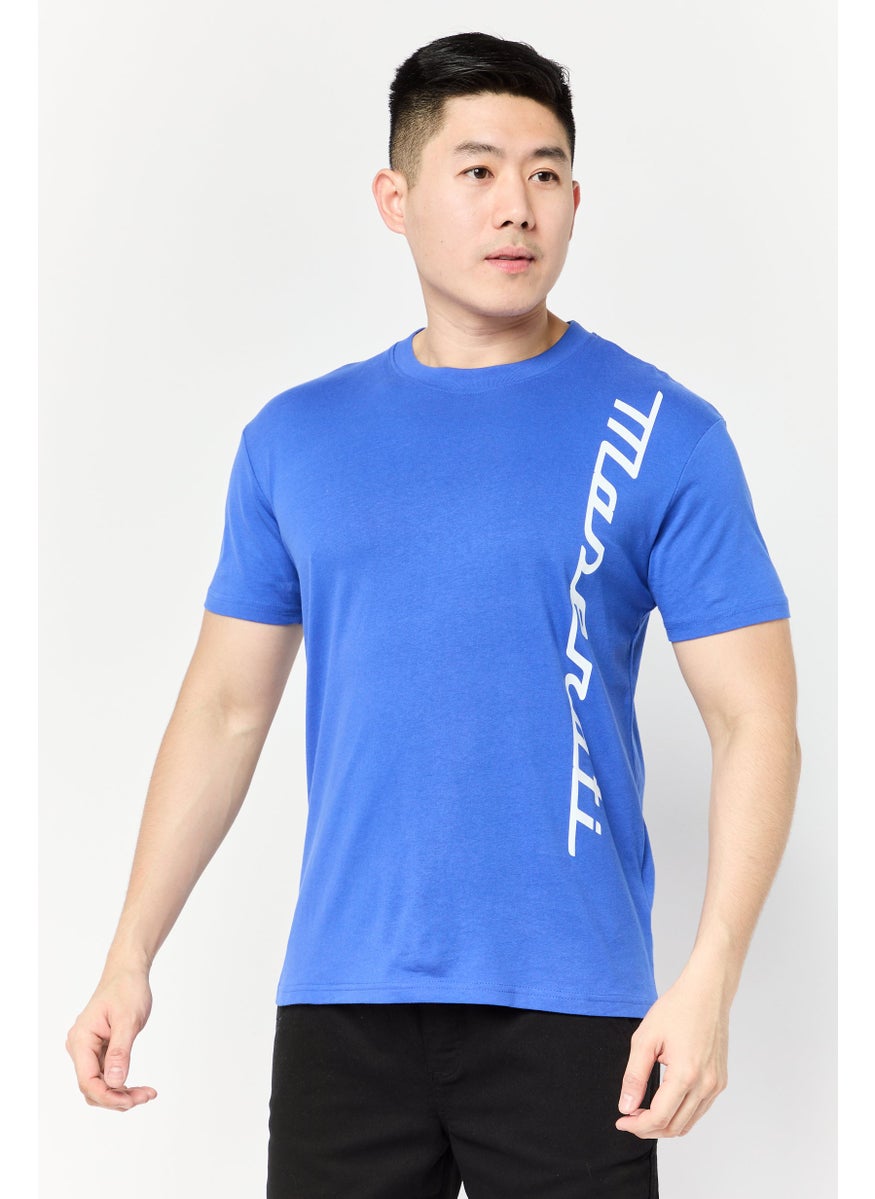 Men Crew Neck Short Sleeves Brand Logo T-Shirt, Blue