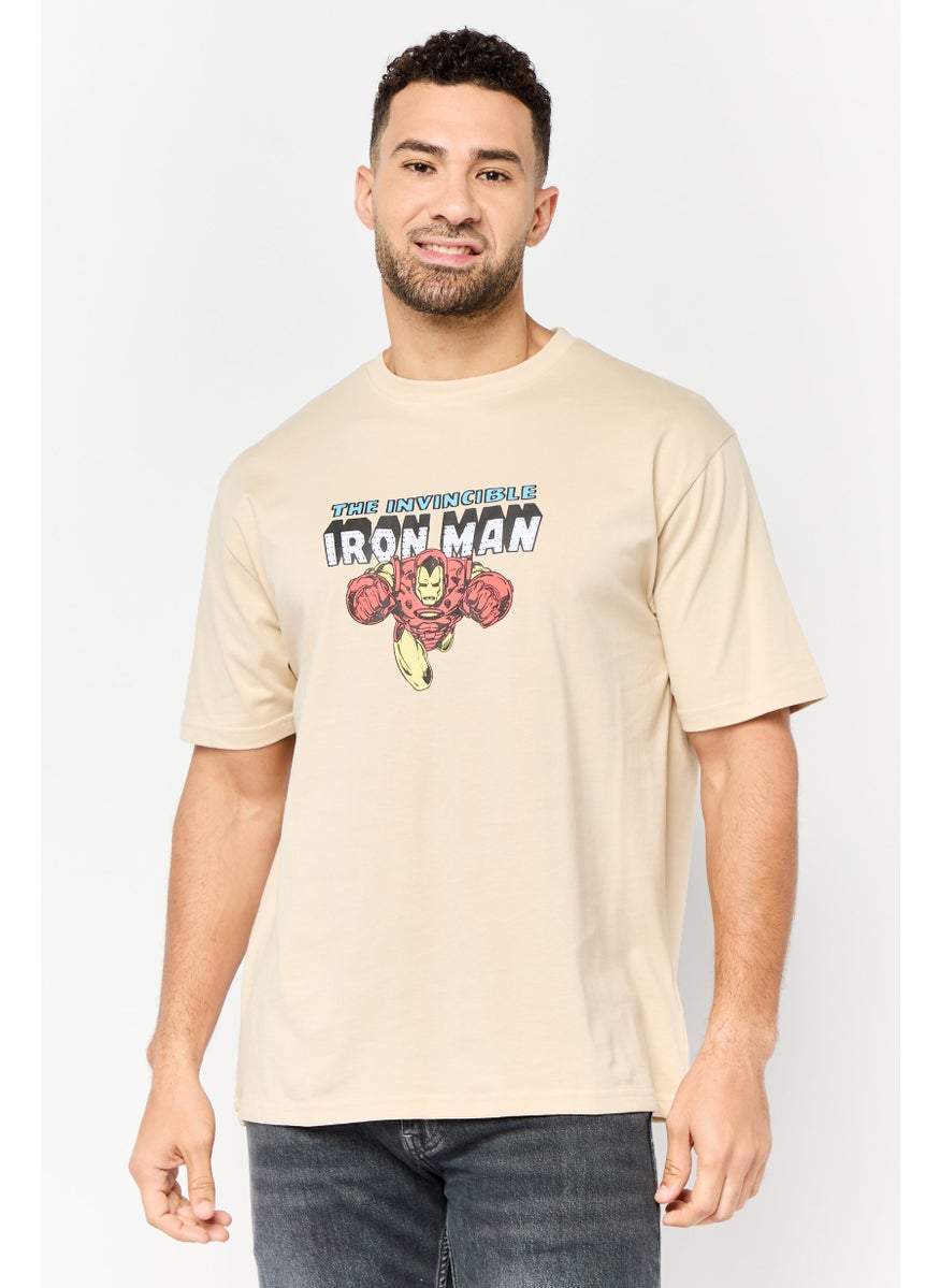 Men Ironman Crew Neck Short Sleeves T-Shirt, Beige