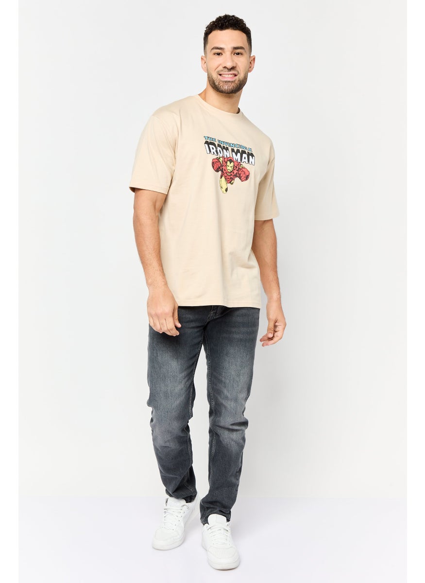 Men Ironman Crew Neck Short Sleeves T-Shirt, Beige