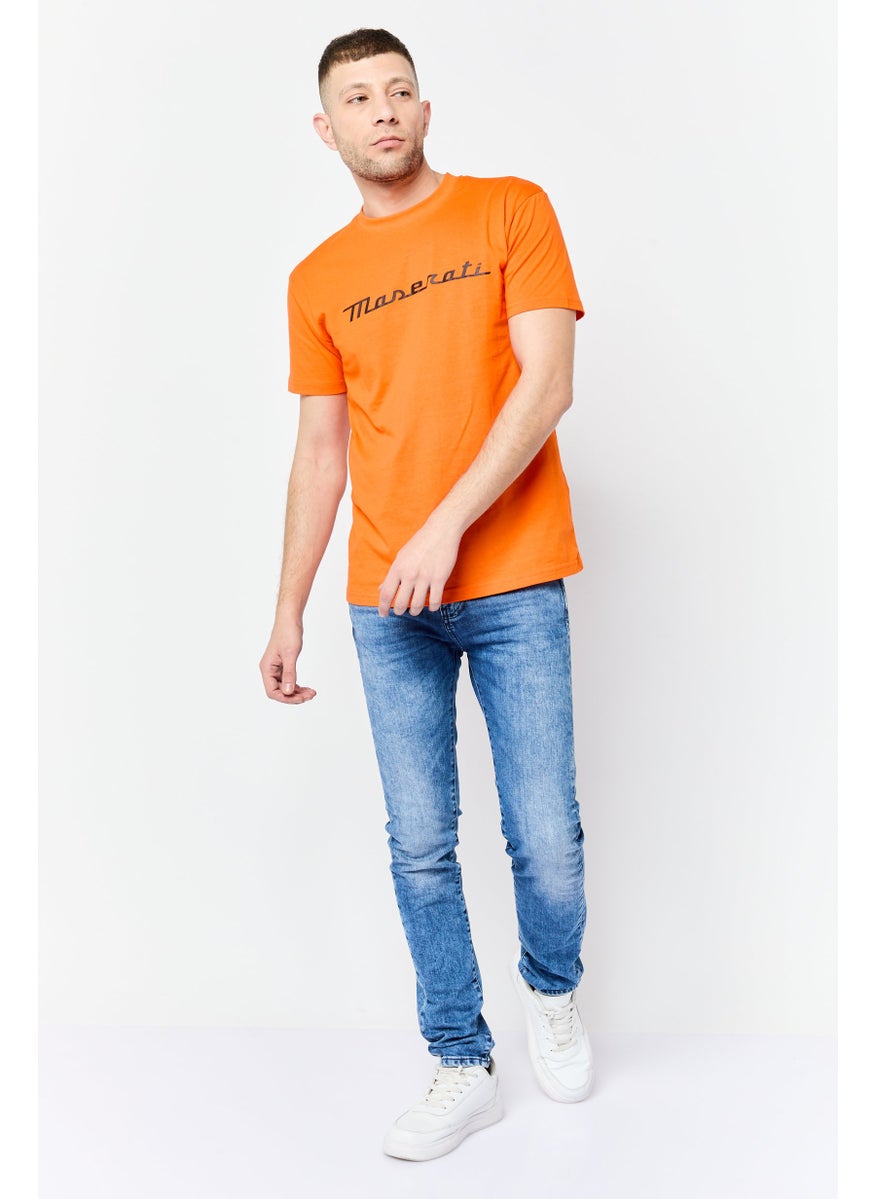 Men Crew Neck Short Sleeves Graphic Print T-Shirt, Orange