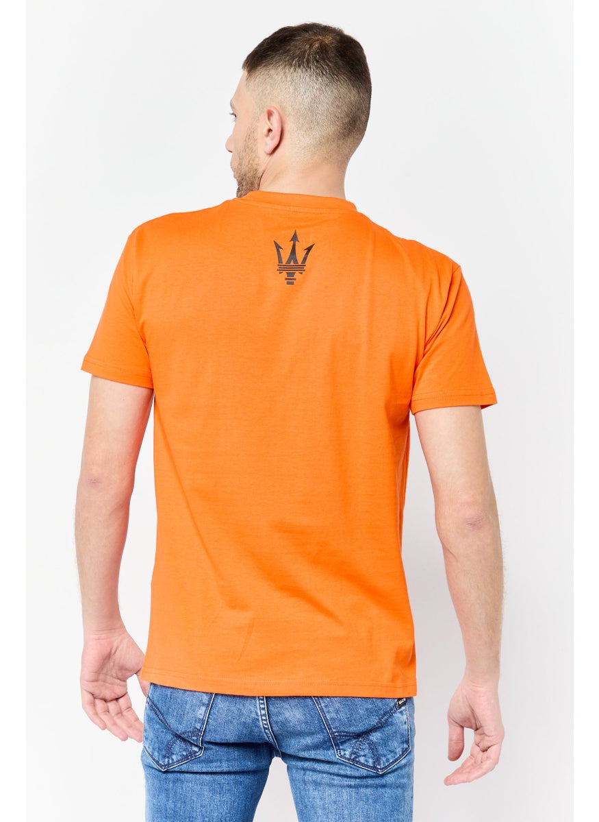 Men Crew Neck Short Sleeves Graphic Print T-Shirt, Orange