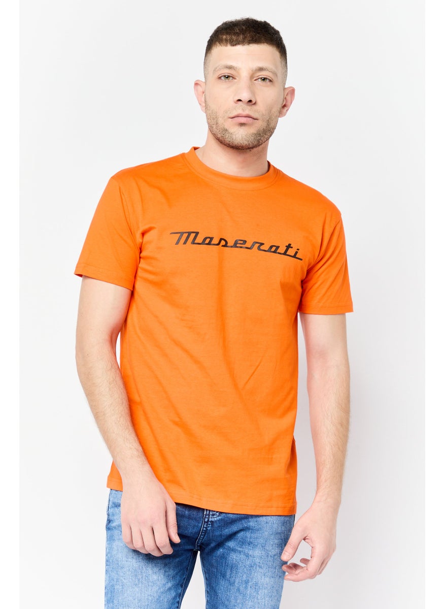 Men Crew Neck Short Sleeves Graphic Print T-Shirt, Orange
