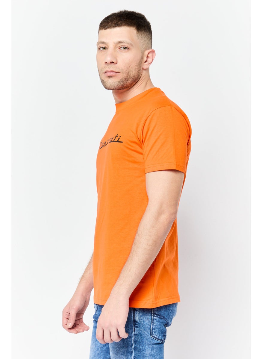 Men Crew Neck Short Sleeves Graphic Print T-Shirt, Orange