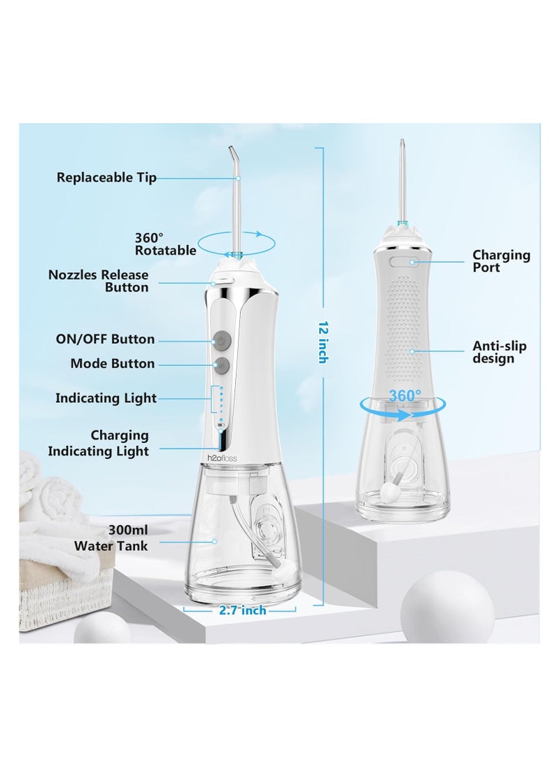 H2ofloss (white) - H2ofloss Cordless Water Flosser with 30 Days Battery Life, Premium Water Floss for Teeth, Portable Dental Flosser in 5 Modes, Gravity Ball for Upside Down Use, 300ml Water Tank