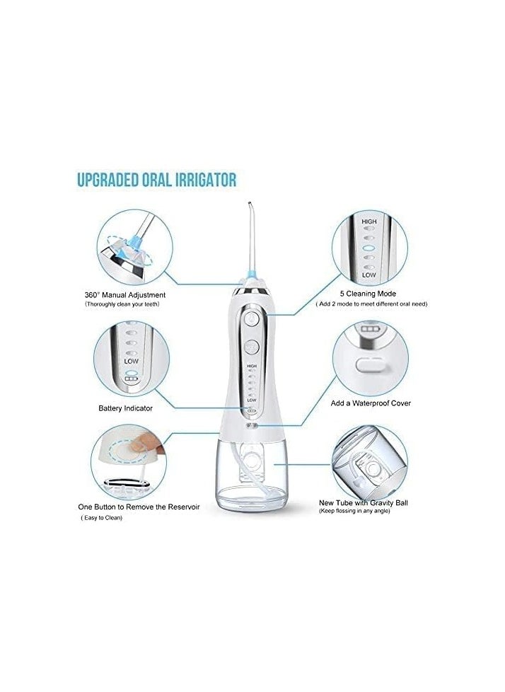 Youtrico Water Flosser Cordless Oral Irrigator Portable Rechargeable Dental Flossers with 5 Modes & 6 Tips Water Flossing with 300ML Water Tank for Home and Travel, Braces & Bridges Care (White-H6)