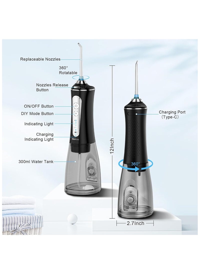 H2ofloss Water Dental Flosser for Teeth Cleaning,Cordless Water Teeth Cleaner Picks,Portable & Rechargeable Oral Irrigator with 5 Modes,IPX7 Waterproof Powerful Battery for Home Travel-Black