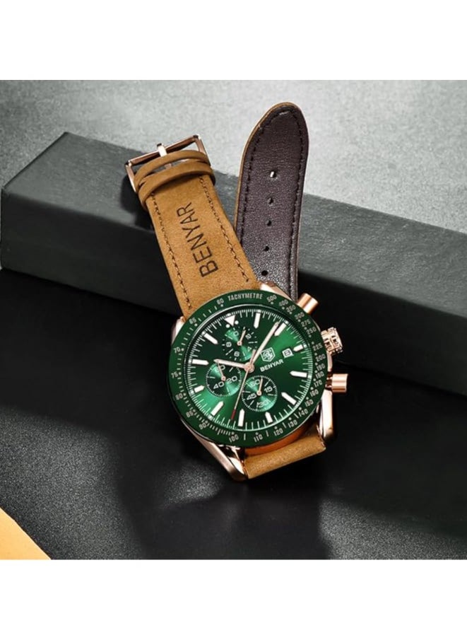 Mens Watch Waterproof Chronograph Date Watch for Men Brown Leather Strap Quartz Movement Analog Watch Business Casual Gift for Men