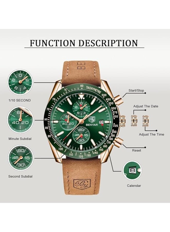 Mens Watch Waterproof Chronograph Date Watch for Men Brown Leather Strap Quartz Movement Analog Watch Business Casual Gift for Men